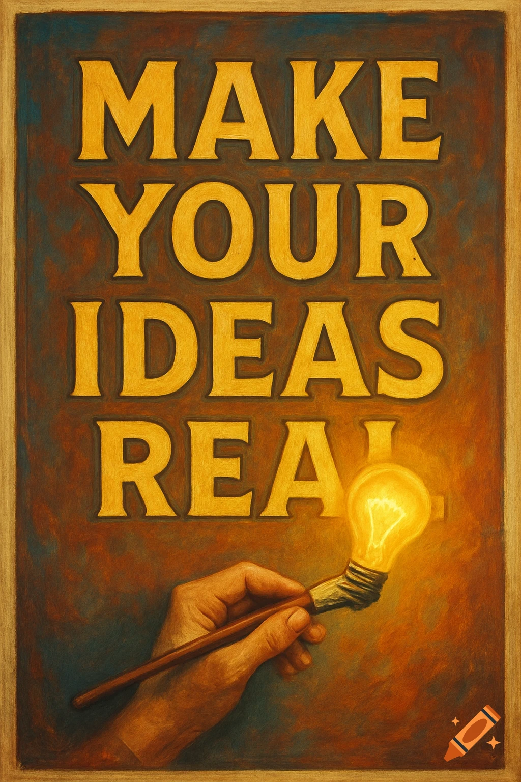 A hand holds a paintbrush tipped with a glowing lightbulb. The text 'MAKE YOUR IDEAS REAL!' is above it in a painterly style.