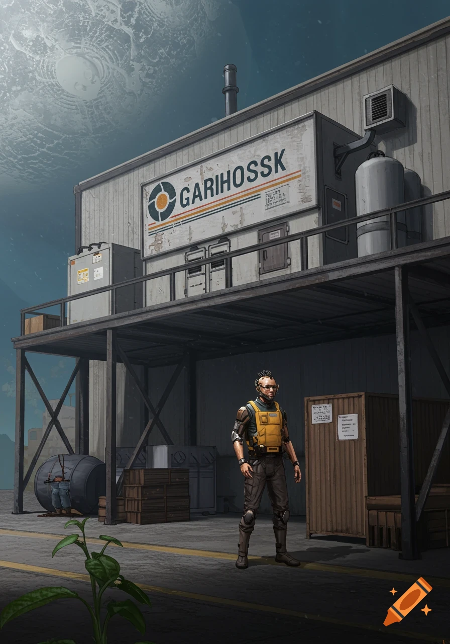 A cyborg man stands outside a futuristic warehouse on a distant planet.