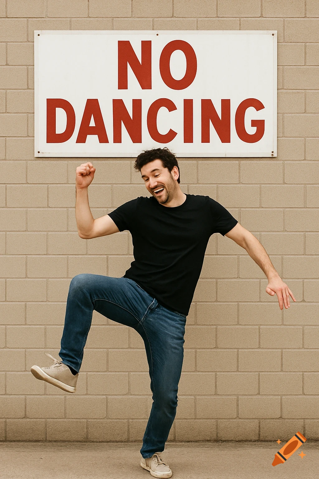 A man happily dances in front of a sign that reads "NO DANCING".