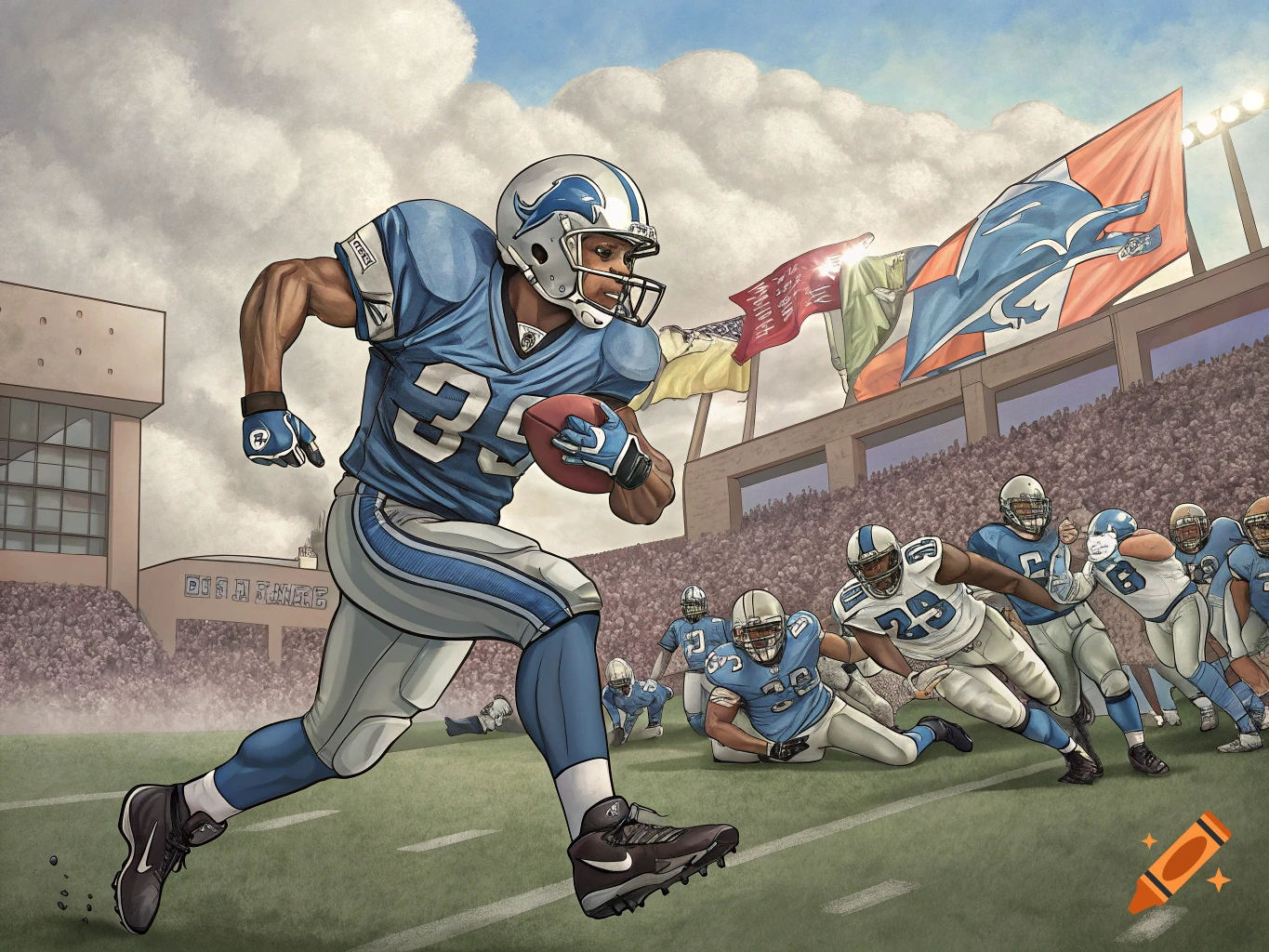 Cartoon of a Detroit Lions football player running with the ball past opponents in a stadium.