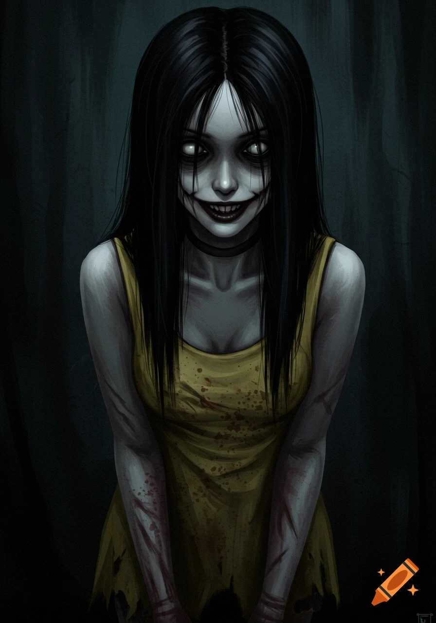 Creepy girl with white eyes, wide smile, bloody yellow dress, and cuts on arms in a dark digital painting.