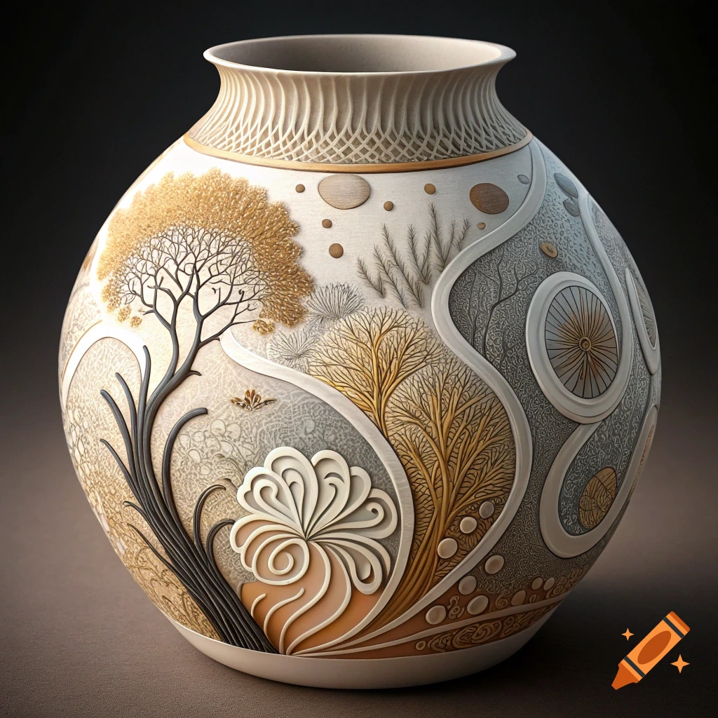 A decorative ceramic vase with detailed patterns of trees and abstract shapes.