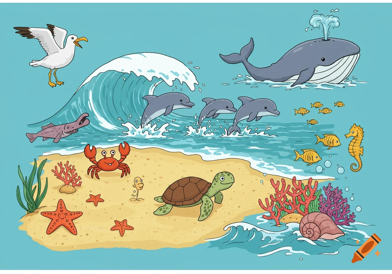 A cartoon illustration of various sea animals, including dolphins jumping, a whale, a turtle, a crab, fish, starfish, and a seagull, near a beach and ocean wave.