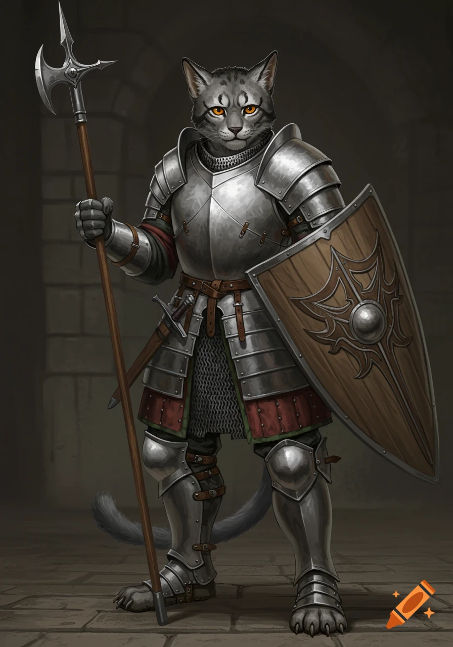 A cat in full knight's armor holds a spear and shield.