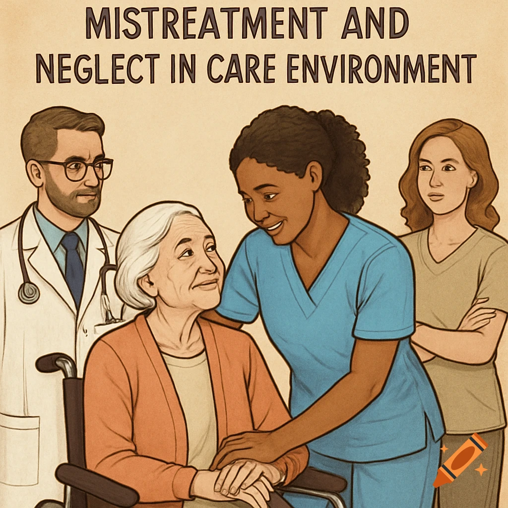 Illustration of healthcare professionals with an elderly patient in a wheelchair. Text reads: MISTREATMENT AND NEGLECT IN CARE ENVIRONMENT.