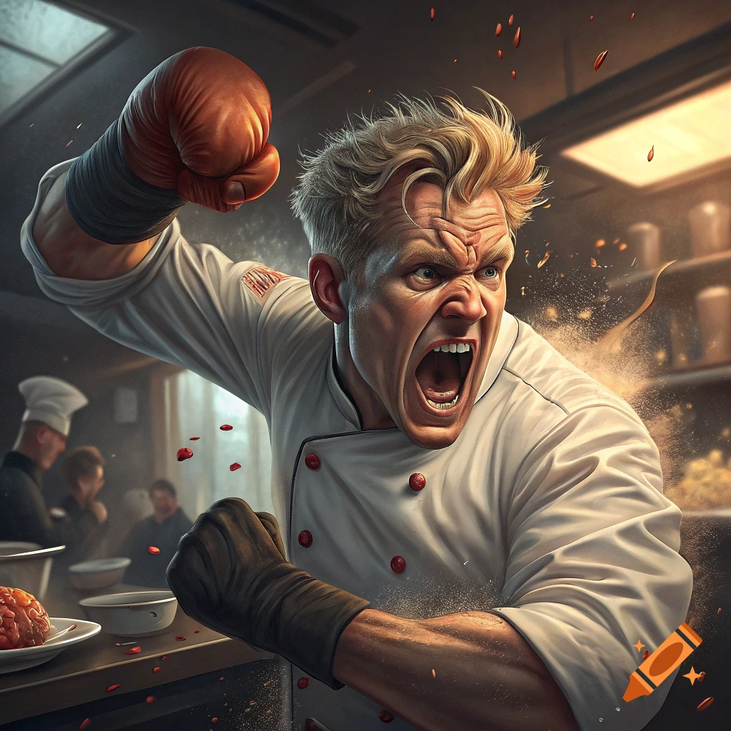 Angry chef resembling Gordon Ramsay in a kitchen, wearing a boxing glove and yelling, with food splatters.