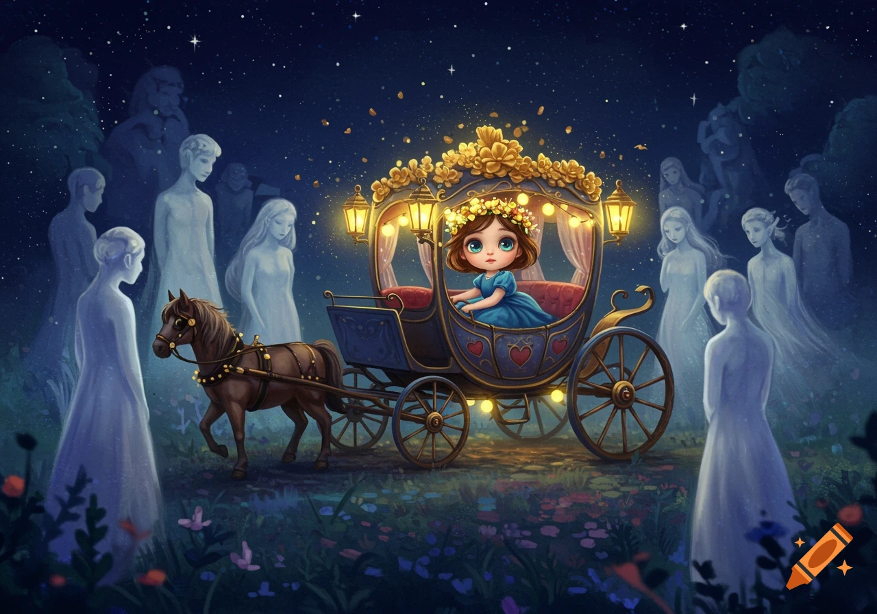 A young girl rides in a decorated carriage at night, surrounded by ethereal figures and stars.