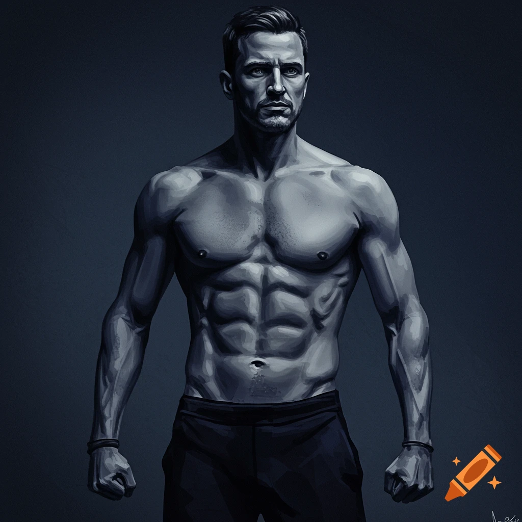 Black and white digital painting of a muscular man posing.