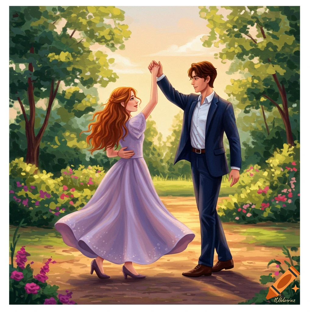 Illustration of a romantic couple dancing in a sunny park