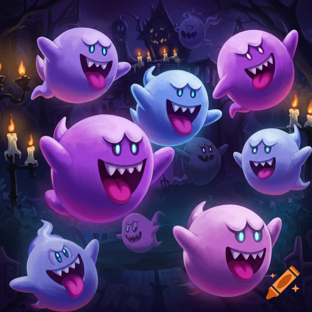 Multiple purple and blue cartoon ghosts with tongues out float in a dark haunted house setting.