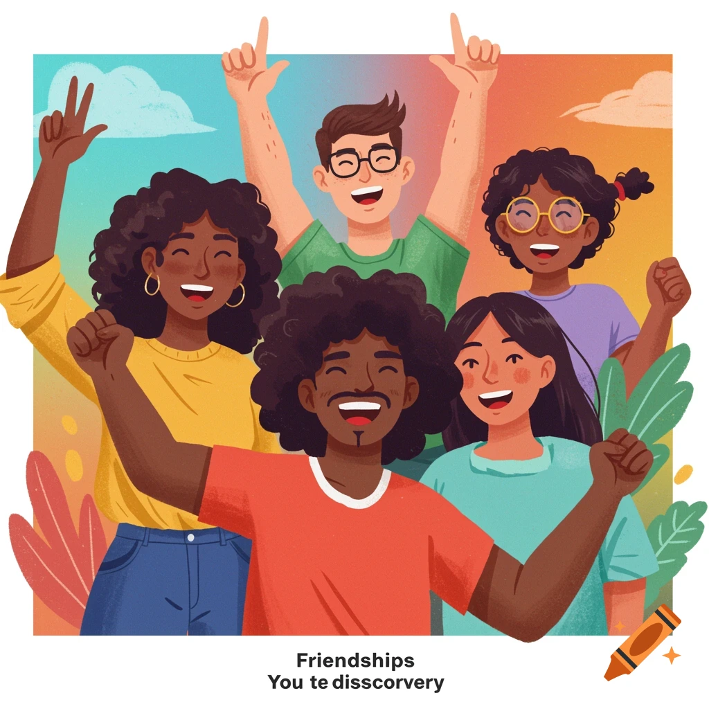 Illustration of five diverse friends celebrating with raised hands