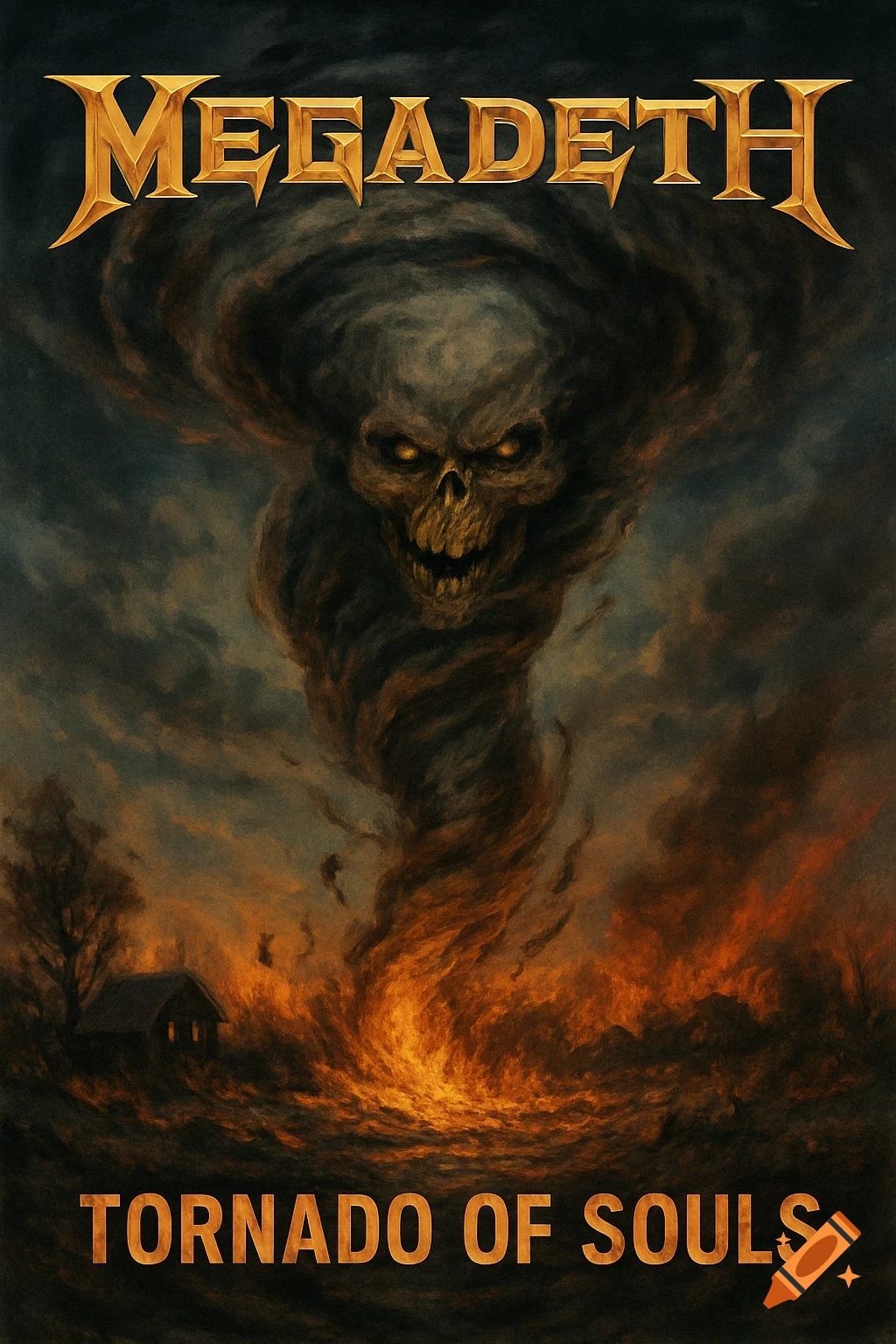 A demonic skull emerges from a dark tornado over a fiery landscape. Text reads 'Megadeth' and 'Tornado of Souls'.