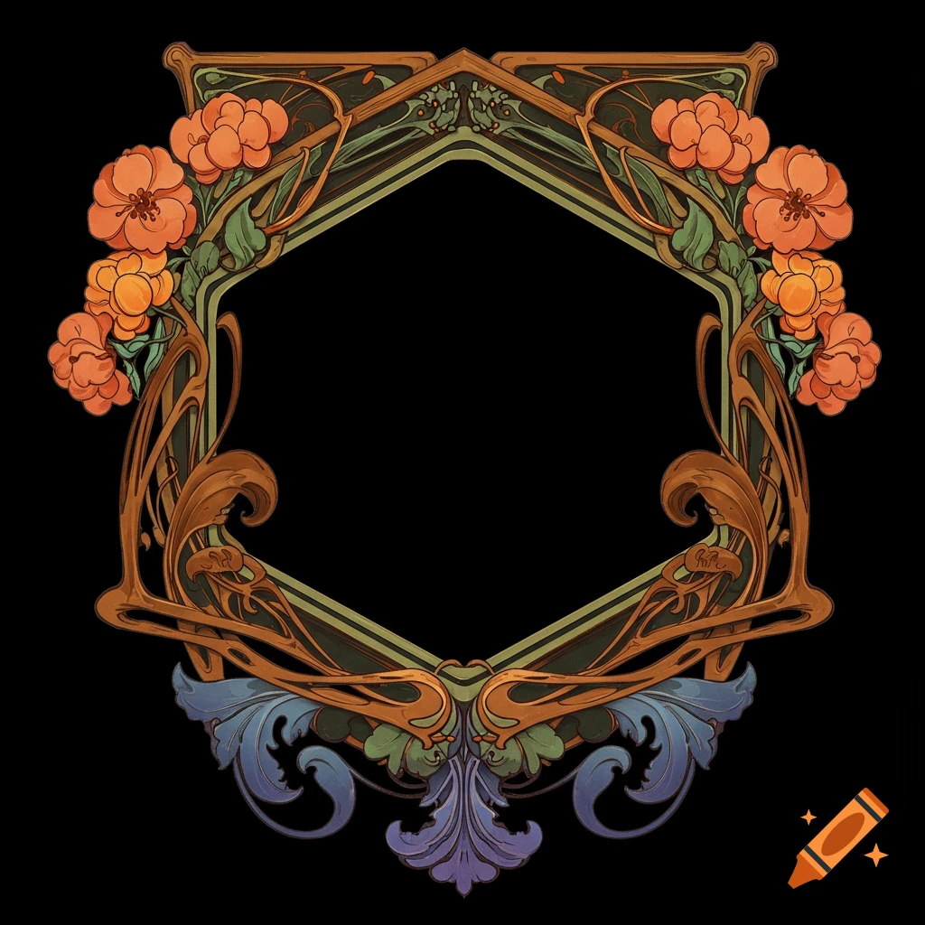 Art Nouveau hexagonal frame with orange flowers and ornate swirling brown, green, and blue designs on a black background.