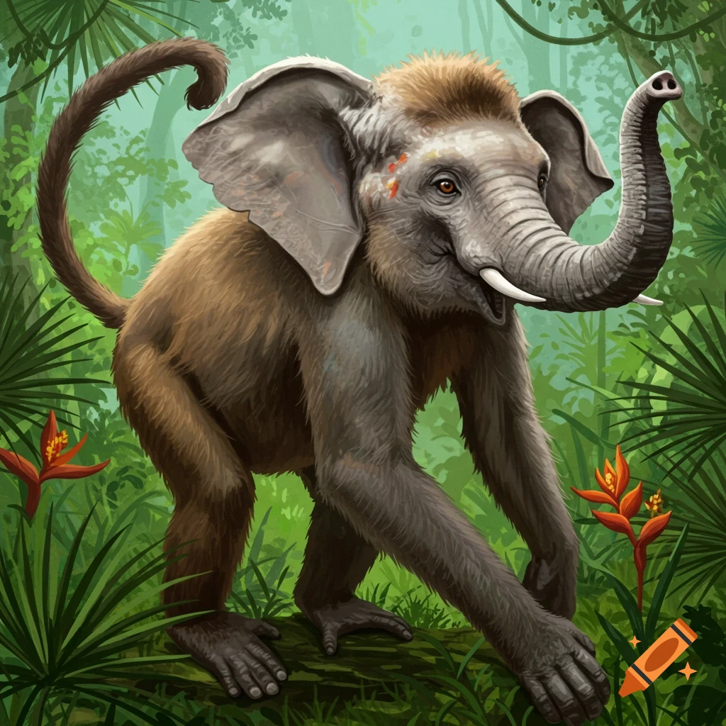 Illustration of an elephant monkey hybrid creature standing on a log in a lush green jungle.