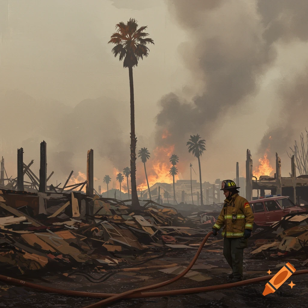 A firefighter stands in the smoky ruins of a fire, with burning buildings and palm trees in the background.