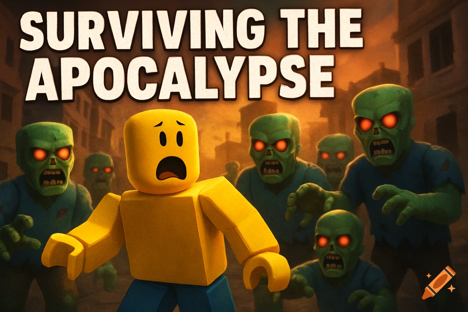 A scared Roblox character is surrounded by green zombies with red eyes under the title 'SURVIVING THE APOCALYPSE'.