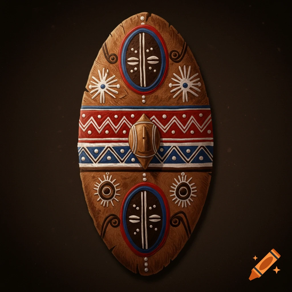 Decorative Zulu shield with red, white, and blue patterns.