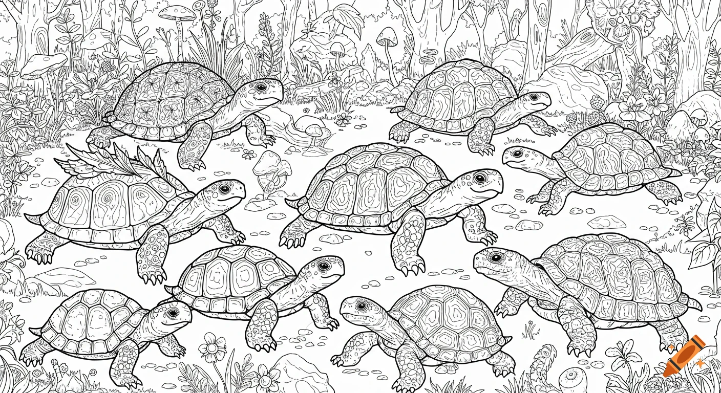 Black and white line art of multiple turtles in a forest for coloring
