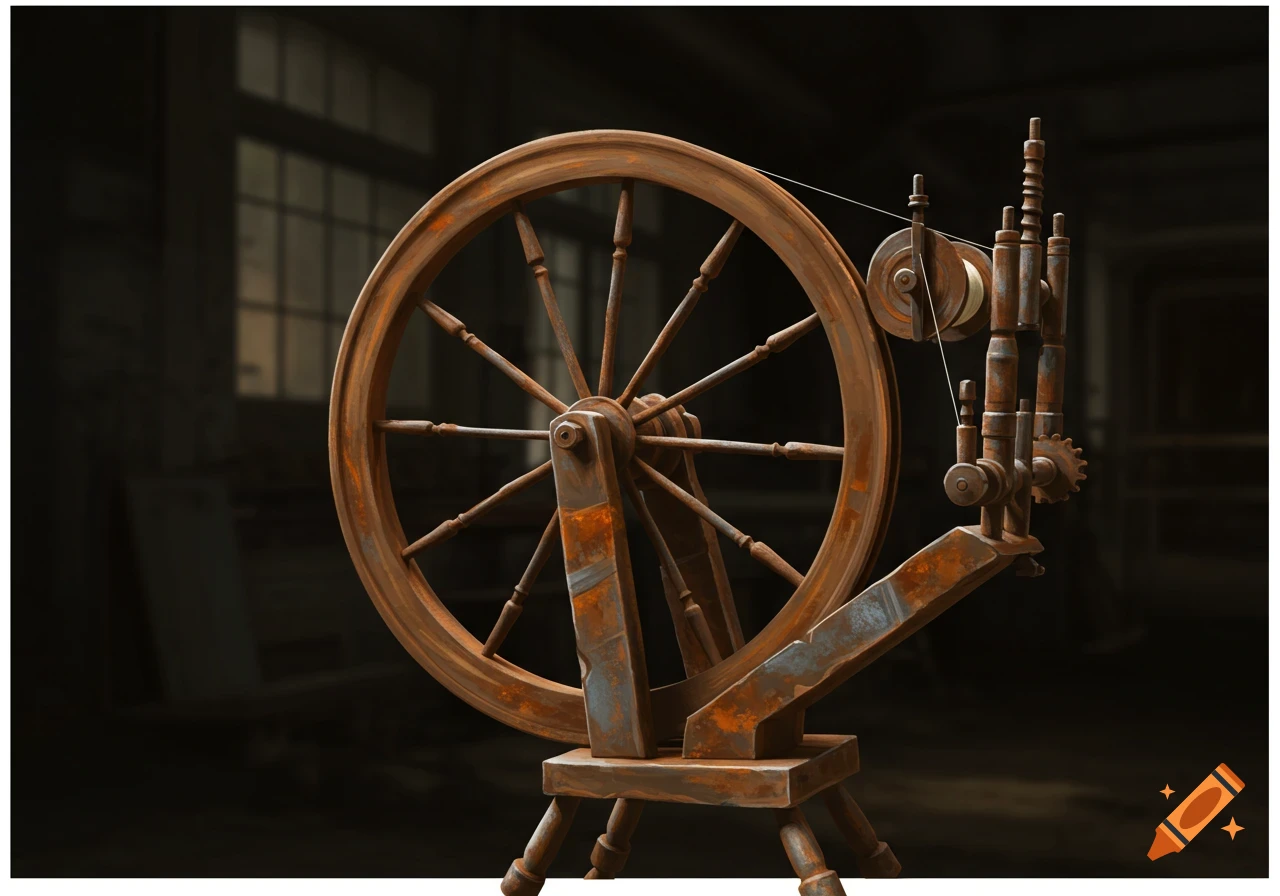 A rusty steel yarn spinning wheel in a dark room.