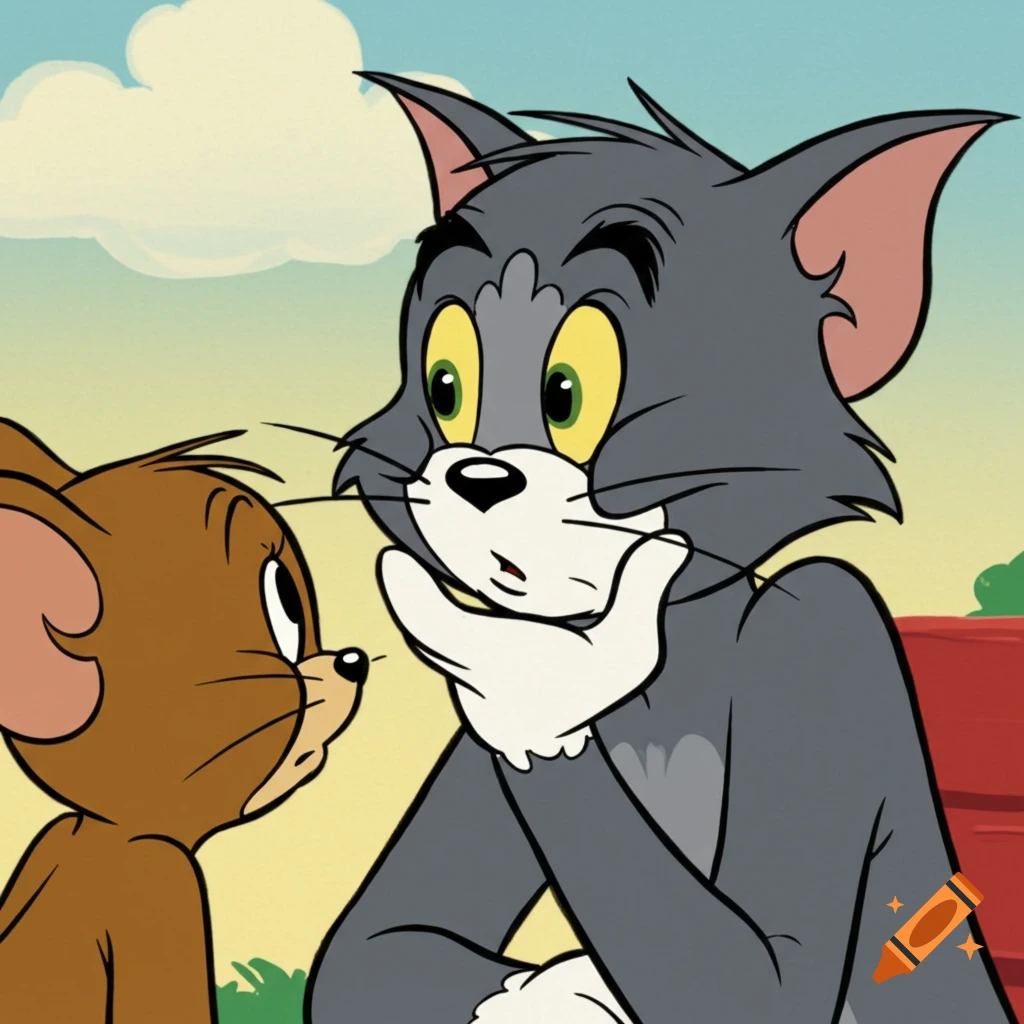 Tom the cat looking surprised or thoughtful while Jerry the mouse looks up at him in classic cartoon style.