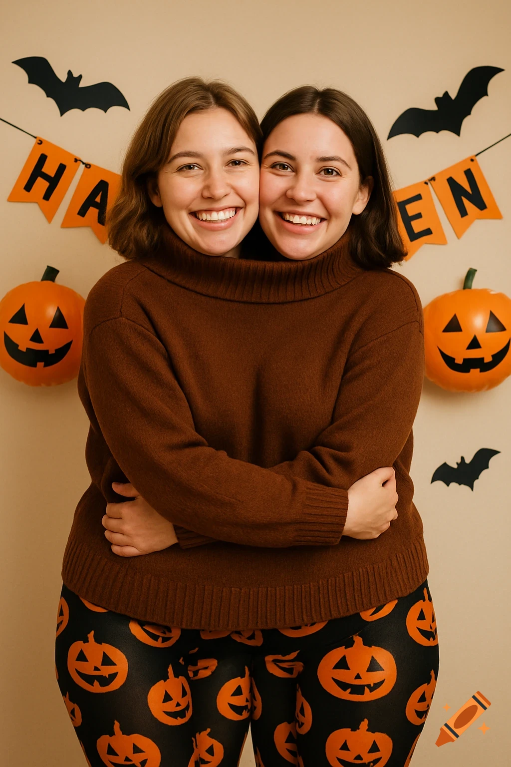 Two women in a two-headed Halloween costume hug in front of a Halloween banner and pumpkins.