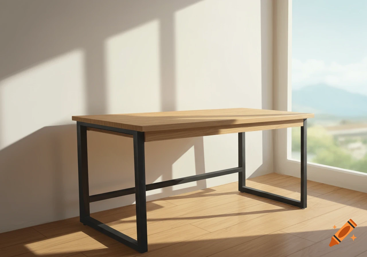 A wooden desk with black metal legs sits next to a window, with sunlight casting shadows on the wall and floor.