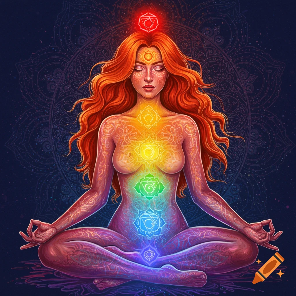 Illustration of a woman meditating with chakra symbols and colors on her body.