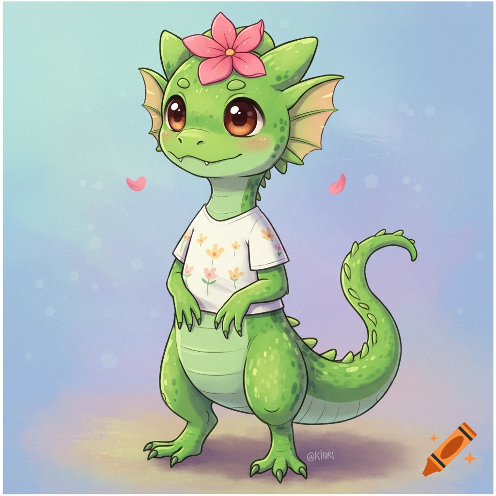 Cute cartoon green basilisk wearing a flower t-shirt and pink flower on head.