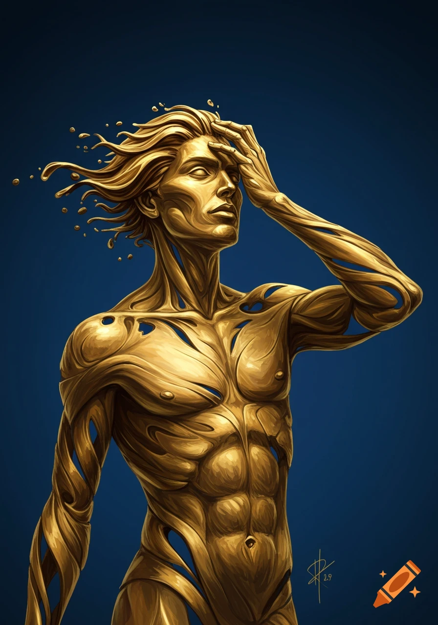 Stylized figure of a man made of flowing gold or brass against a blue background.
