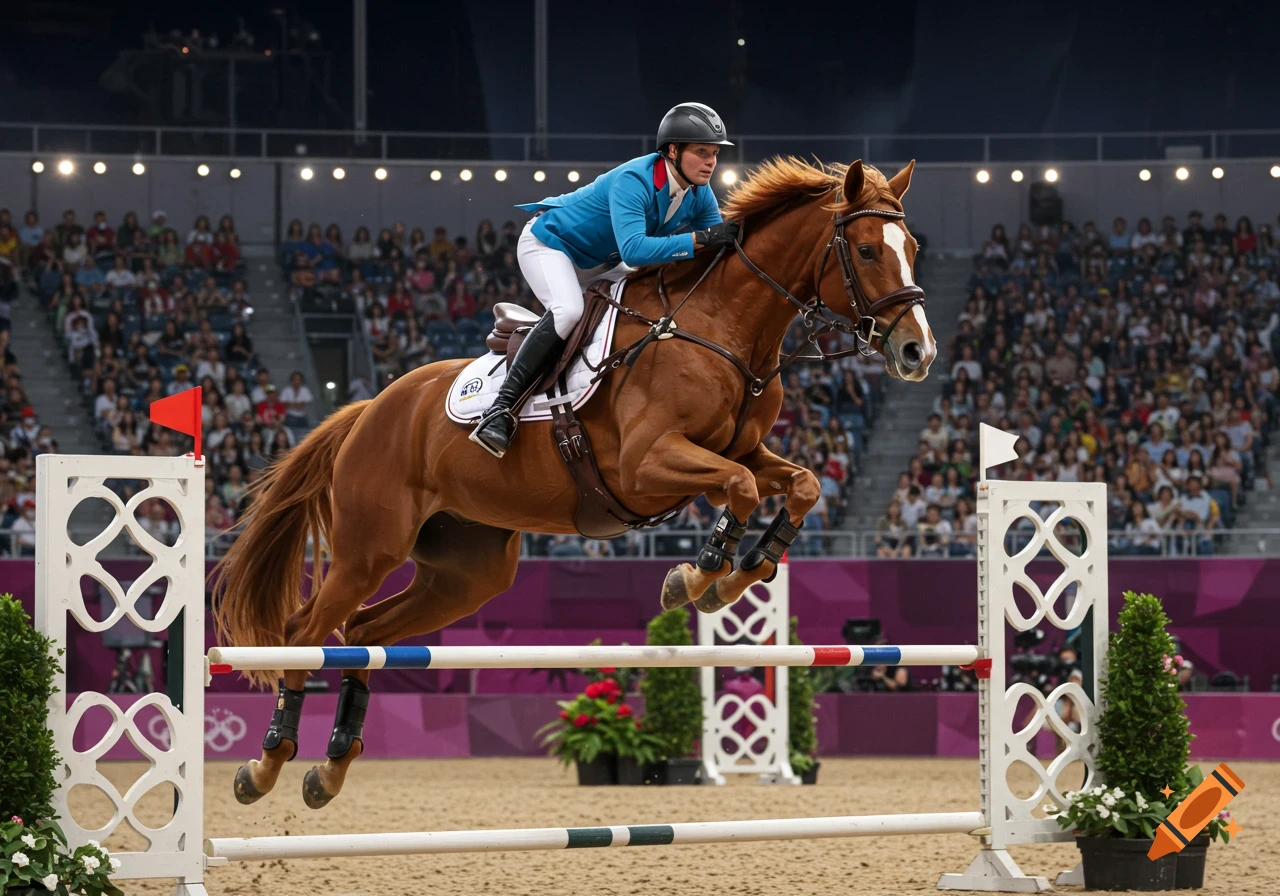 A rider on a brown horse jumps over a hurdle during an equestrian competition.