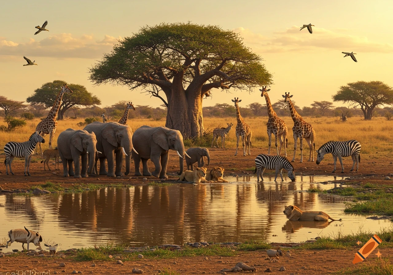 African animals gather at a watering hole at sunset.