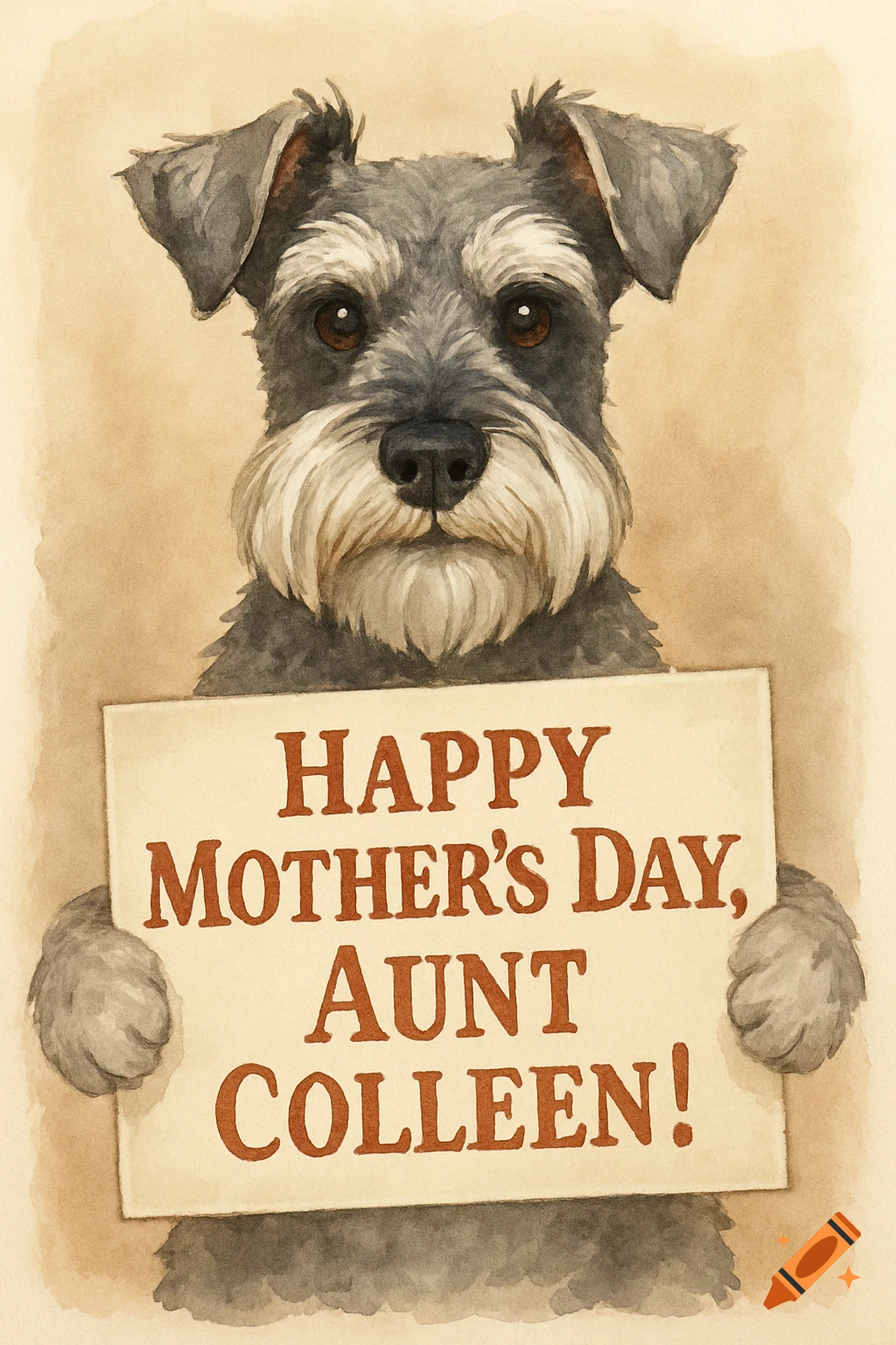 A watercolor illustration of a schnauzer dog holding a sign that says 'Happy Mother's Day, Aunt Colleen!'