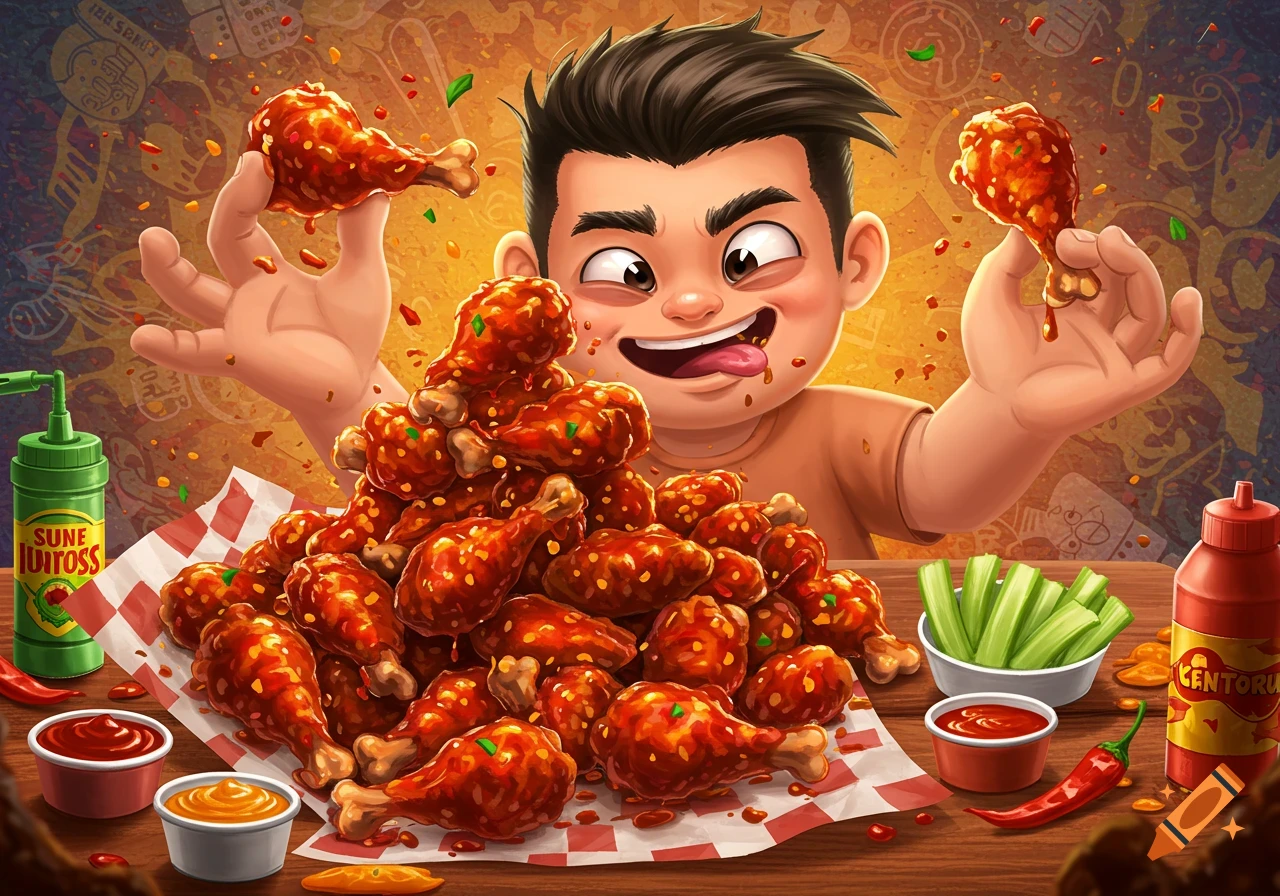 Cartoon illustration of a young man about to eat a large pile of chicken wings.