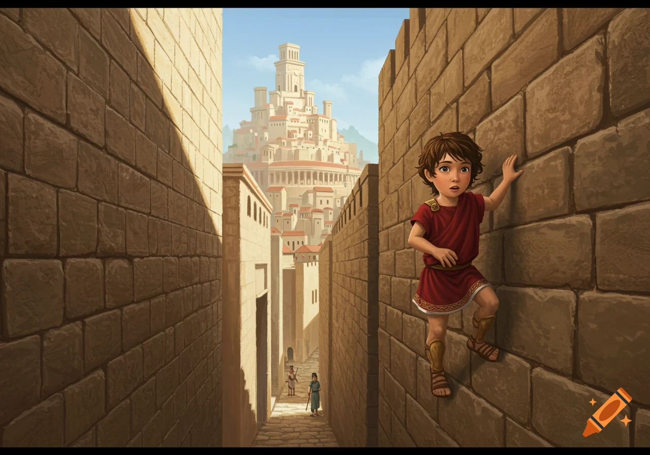 A young boy in ancient clothes climbs a brick wall in an alleyway overlooking an ancient city. Illustration.