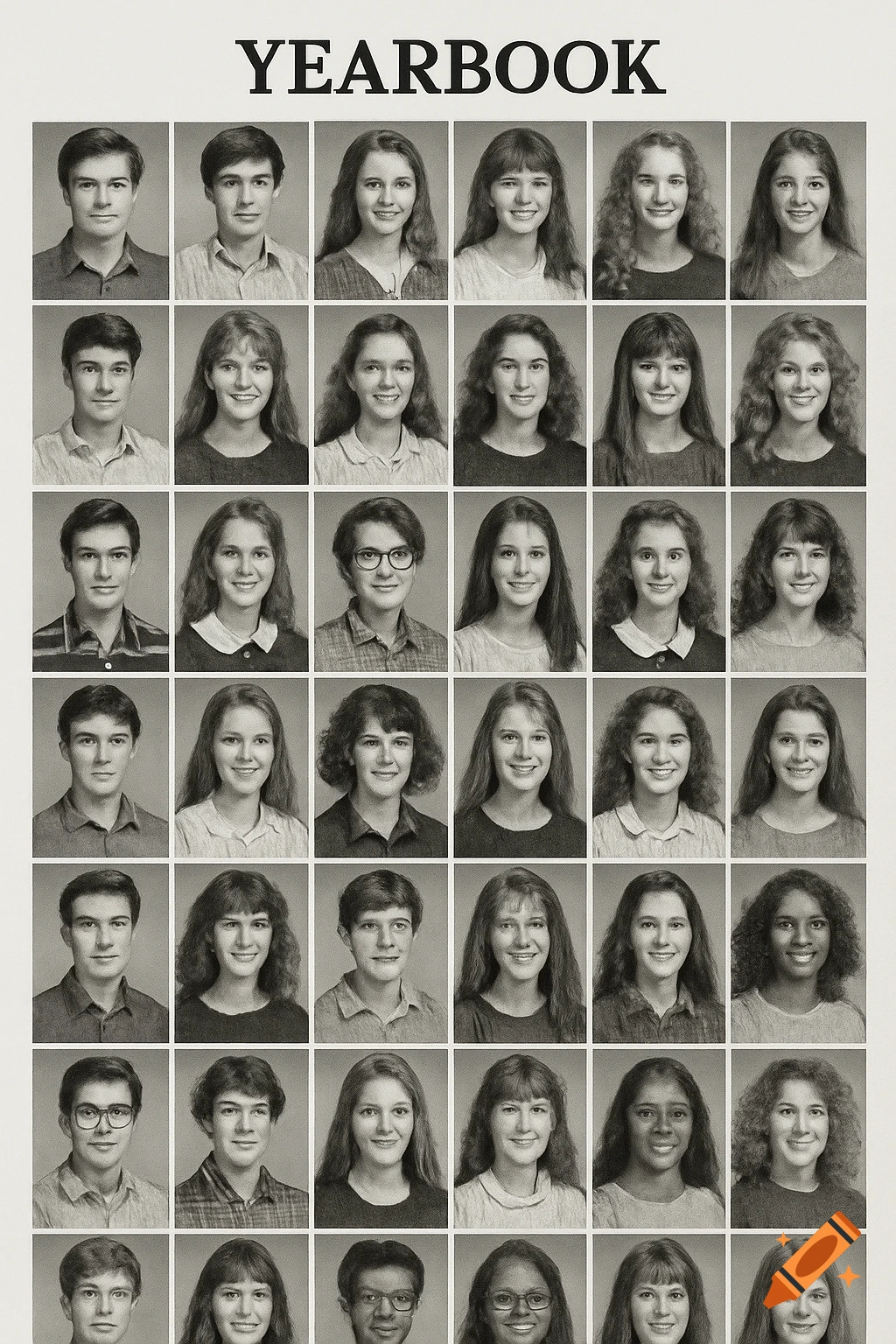 Grid of vintage-style student portraits on a yearbook page titled 'YEARBOOK'.