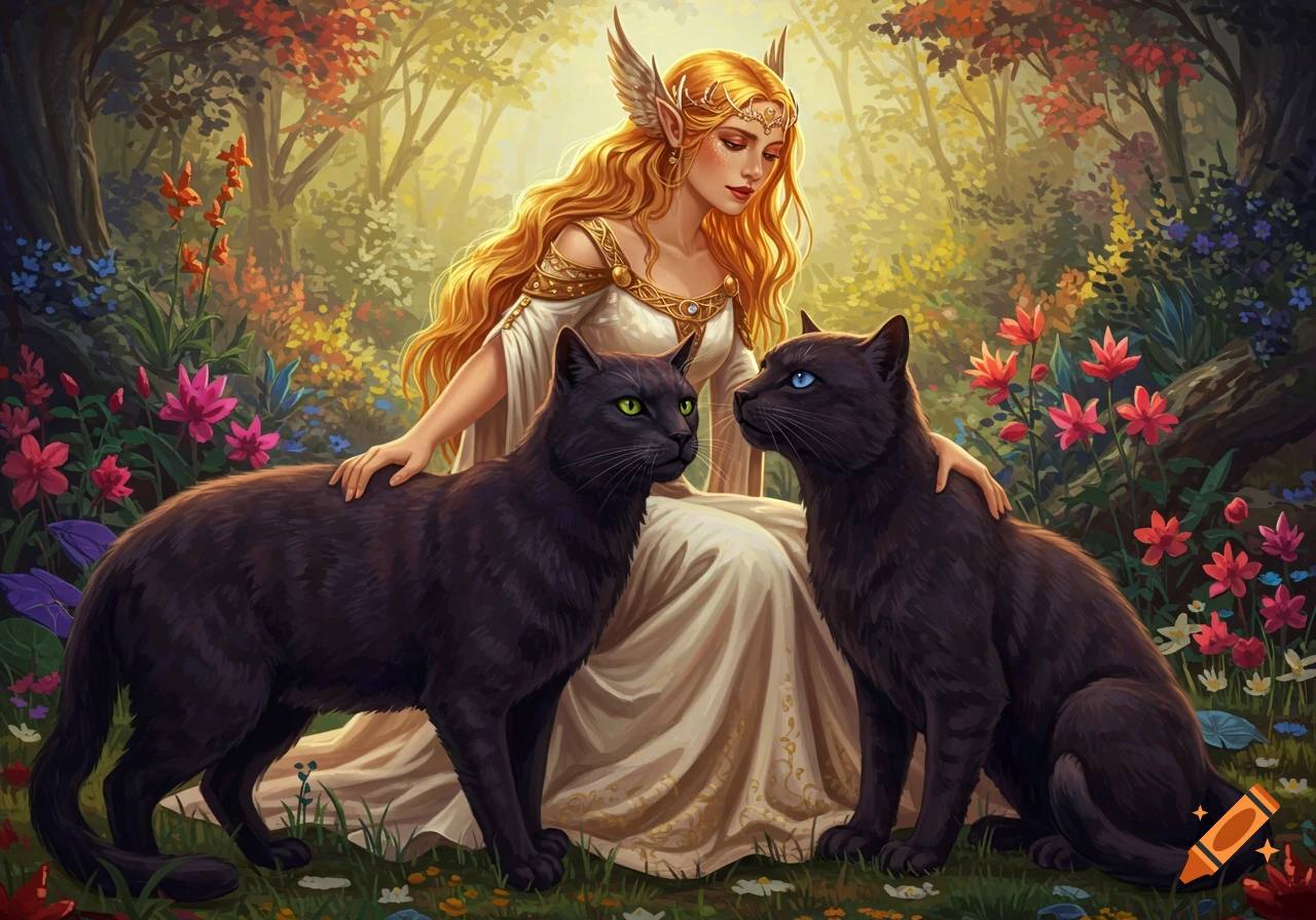 Fantasy woman with wings sits in a forest petting two black cats.