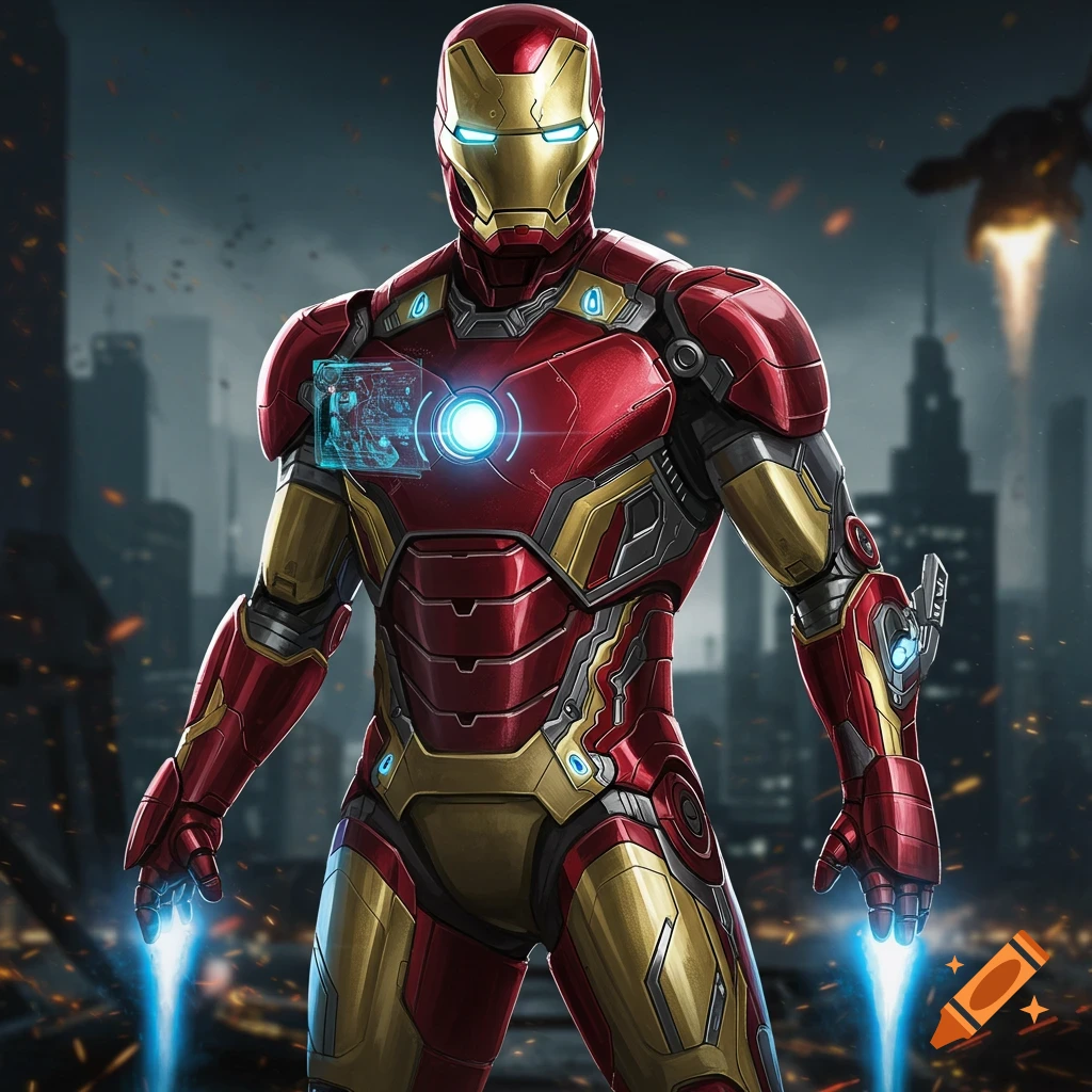 Iron Man in his advanced suit stands in a city with glowing repulsors.