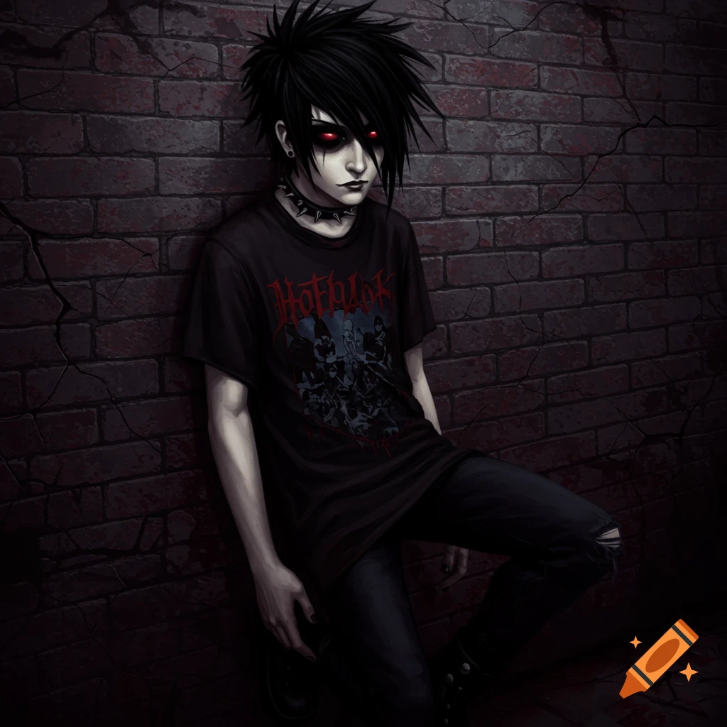 Dark illustration of an emo character with black spiky hair and red eyes, wearing a black t-shirt and ripped jeans, leaning against a brick wall.