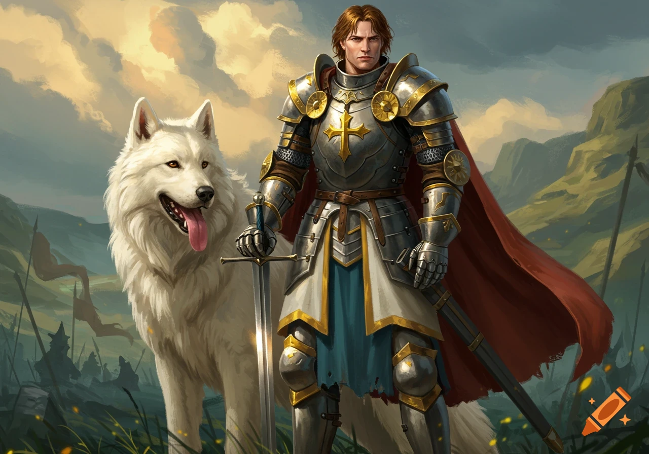 A knight in armor stands with a white wolf in a fantasy landscape.