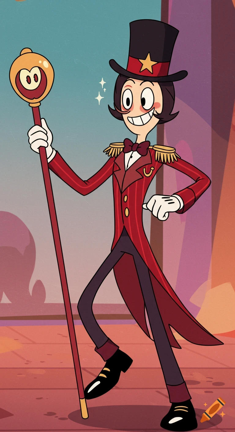 Cartoon character in a ringmaster suit with a top hat and staff.