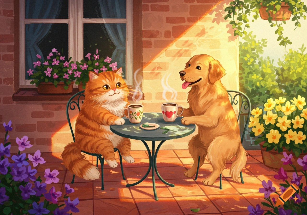 Cartoon cat and dog drinking coffee on a patio with flowers in sunshine.