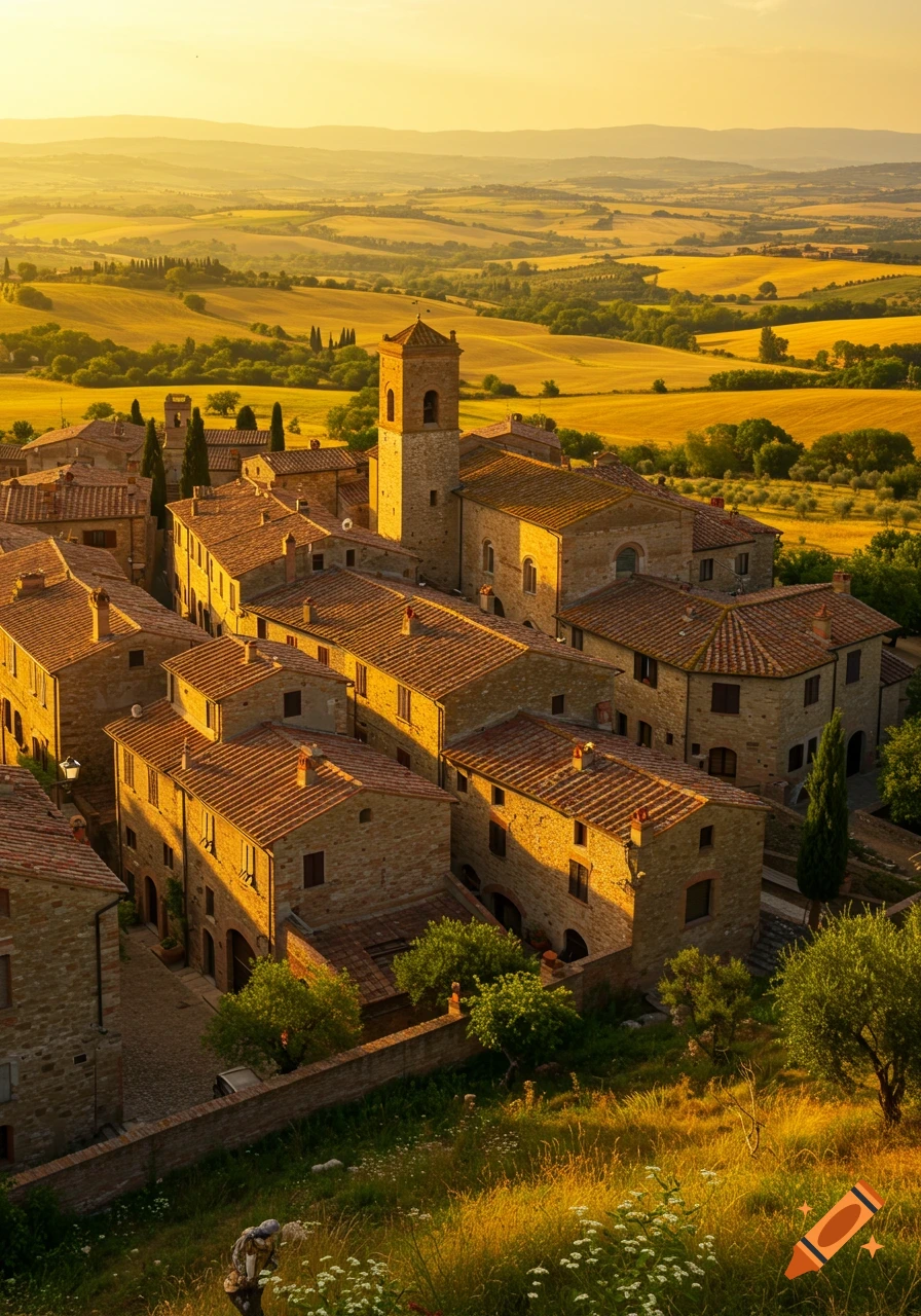 An ancient stone village with a bell tower overlooks golden fields and hills at sunset.