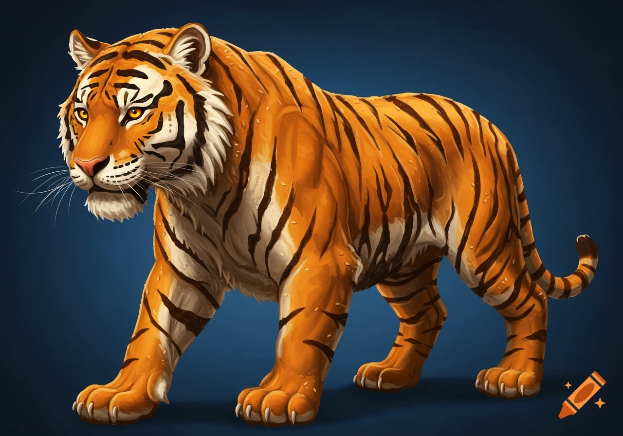 A stylized painting of an orange and black striped tiger.