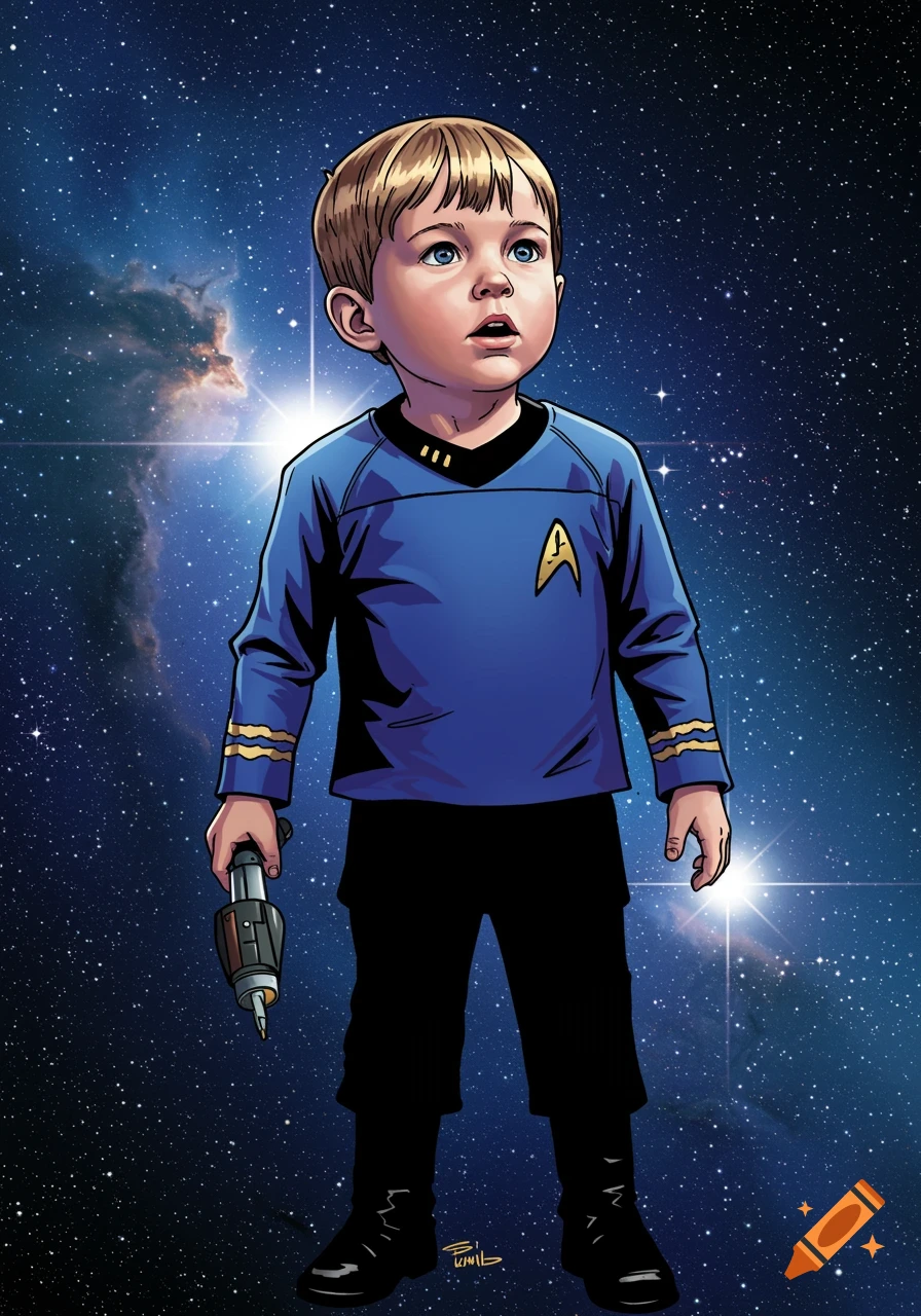 Child in a blue Starfleet uniform holding a phaser against a starry space background.