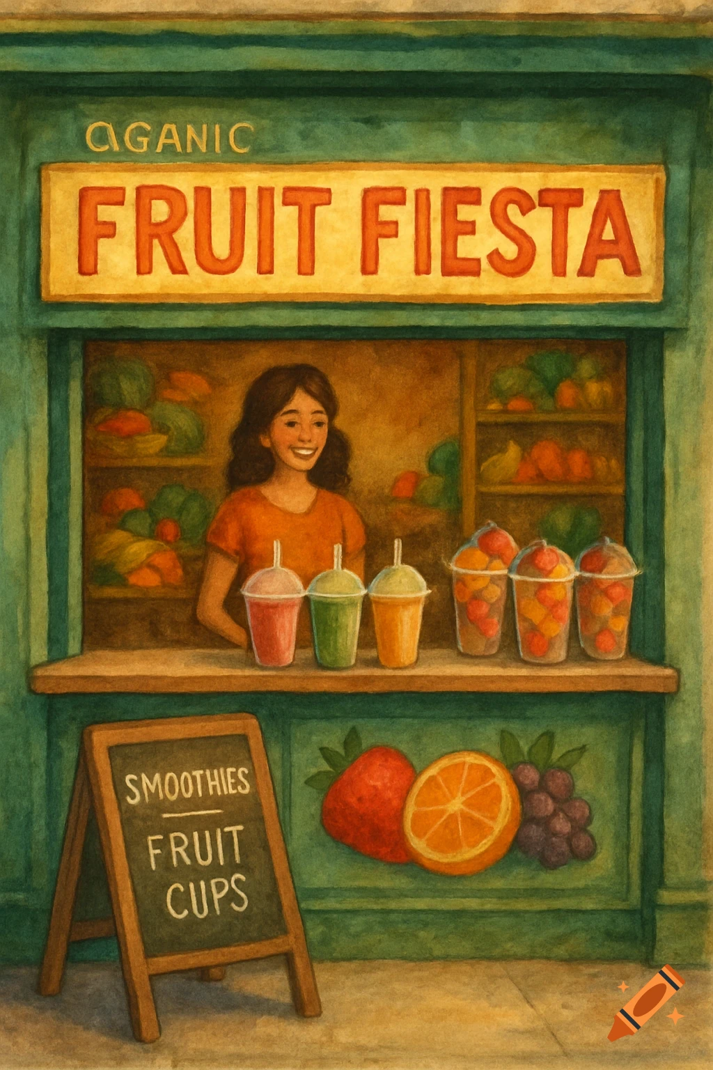 An illustration of a person selling fruit and smoothies at a fruit stand.