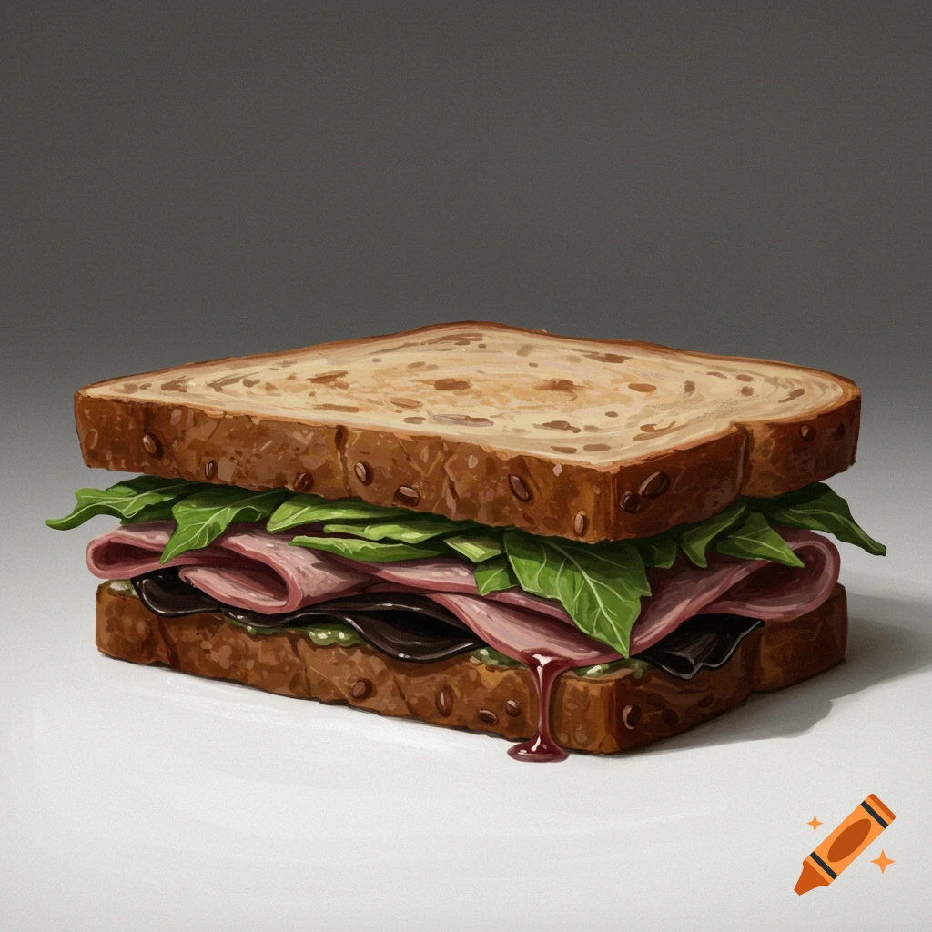 A detailed illustration of a sandwich on brown bread with greens, meat, dark spread, and a reddish liquid dripping down the side.