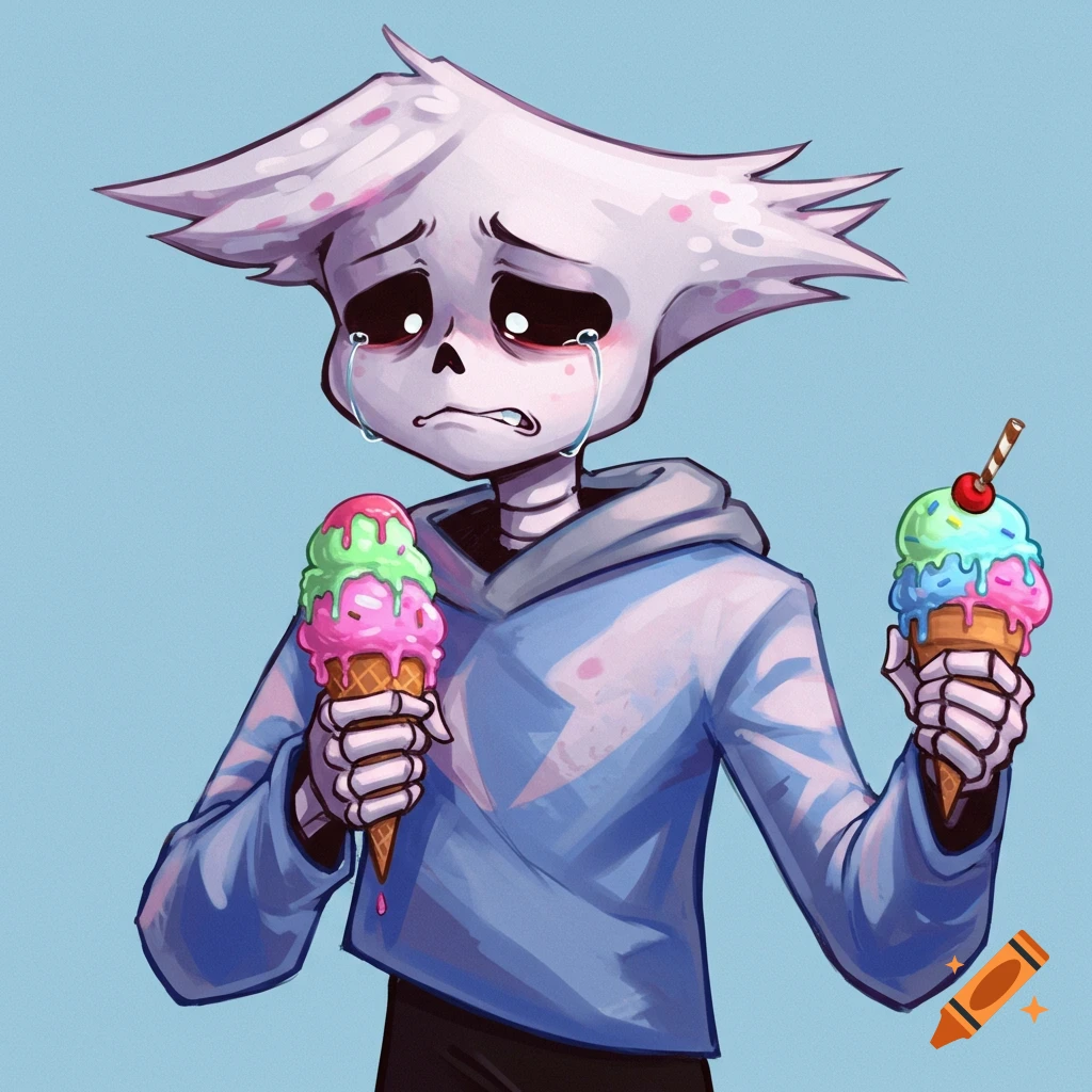 A cartoon skeleton character cries while holding two ice cream cones.