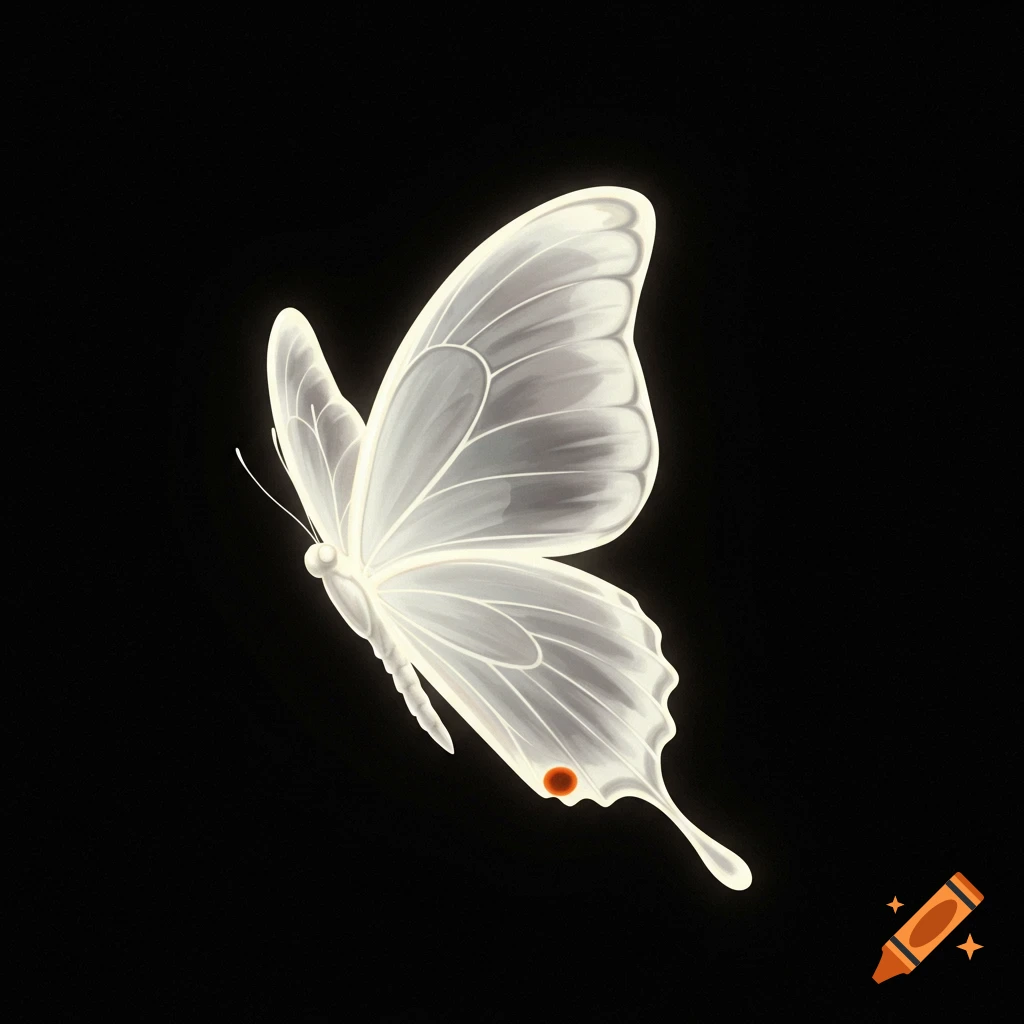 A glowing white butterfly on a black background.