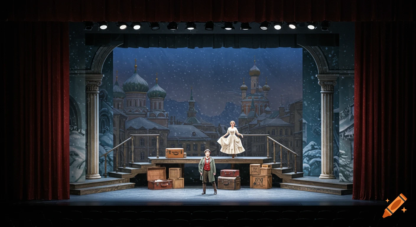 Stage set for a musical with snowy city backdrop, platforms, suitcases, and two actors.