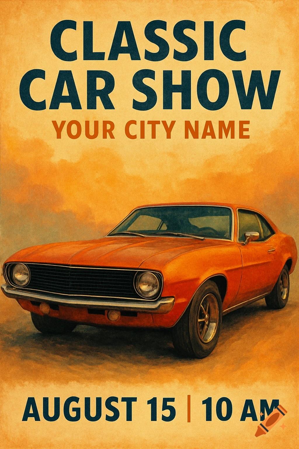 Vintage-style poster for a classic car show featuring an orange car and text details.